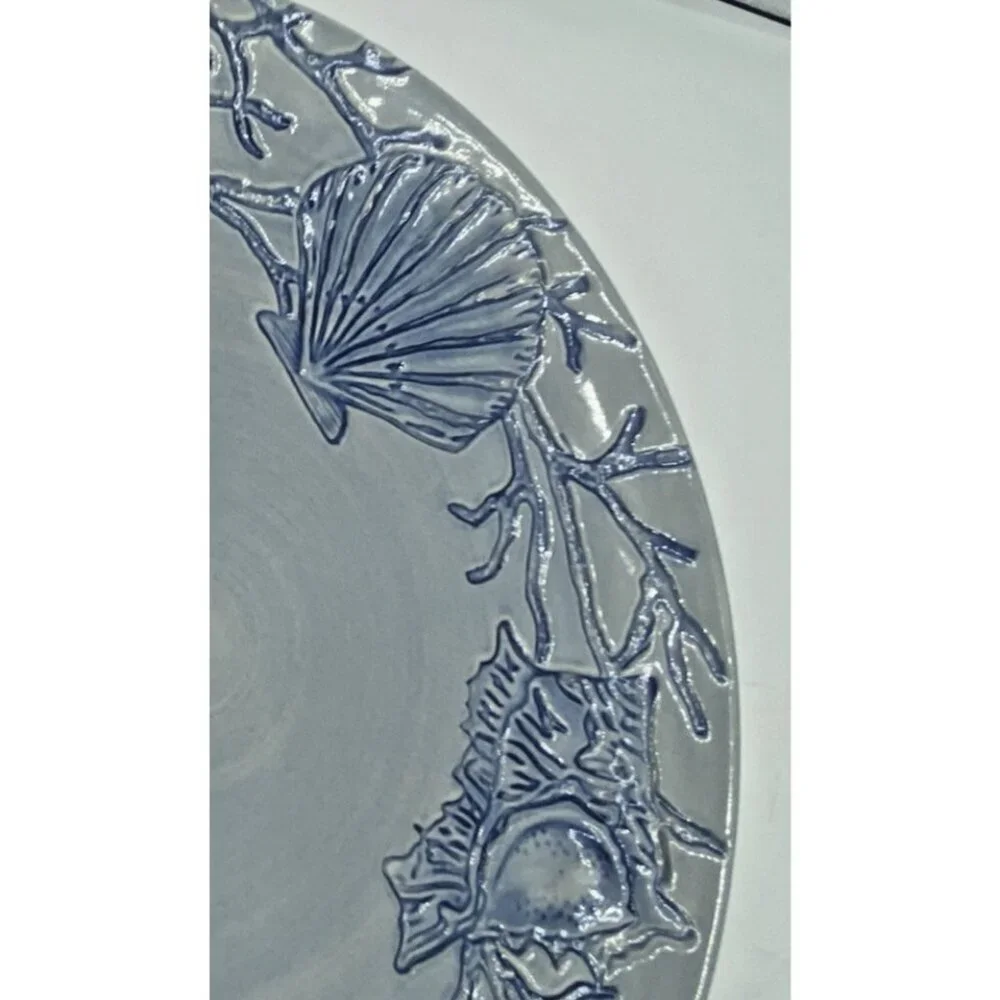 Pottery Barn Salad Plate Dessert Blue Shell Ocean Beach Coastal Coral  8